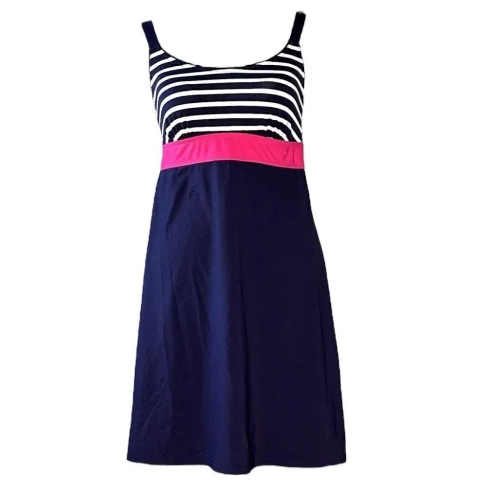 Lands’ End Swim Dress size 10 Navy White stripe